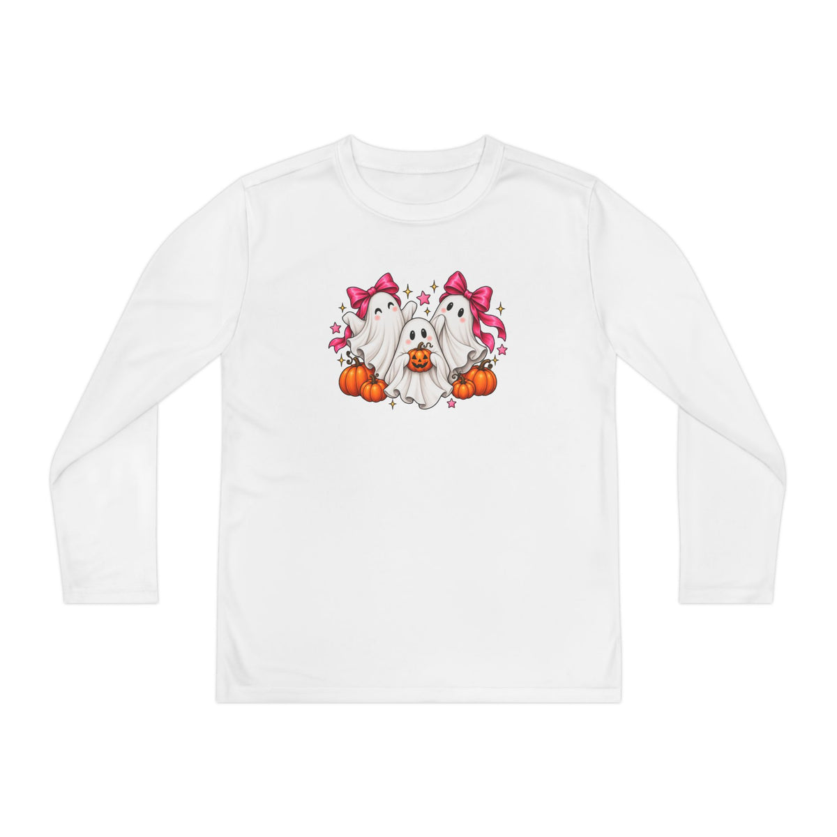 Cute Halloween Ghost Trio with Bows & Pumpkins