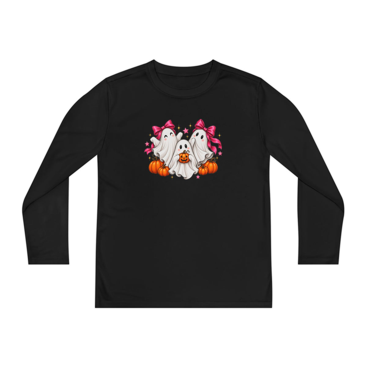 Cute Halloween Ghost Trio with Bows & Pumpkins